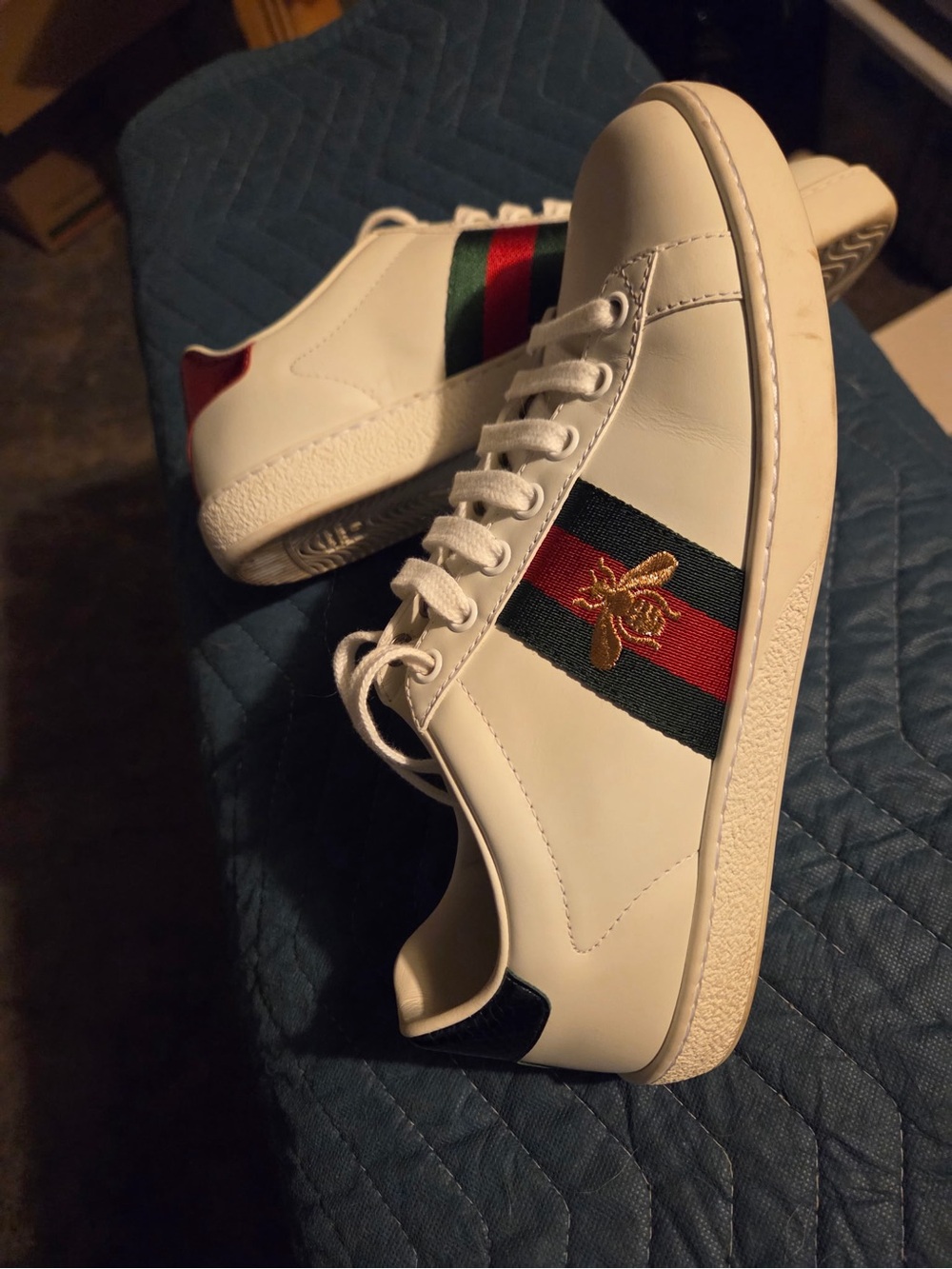 Gucci White Leather Sneakers with Red & Green Stripe and Gold Bee Embroidery